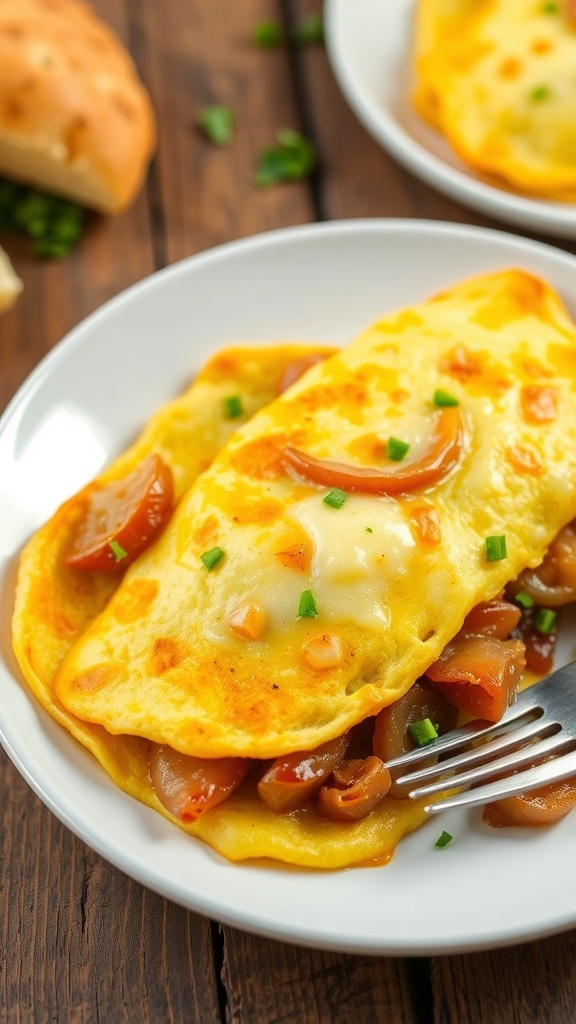 A golden onion omelette garnished with herbs on a white plate, with a fork on a wooden table.